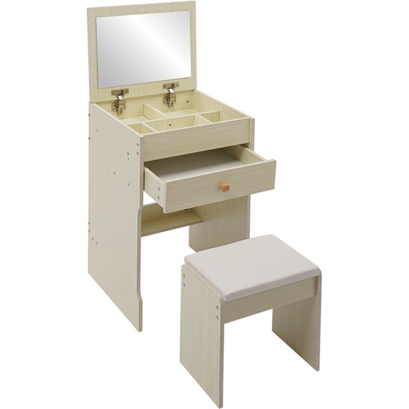 Coiffeuse 3 en 1 avec miroir rabattable, table de maquillage avec tabouret rembourré pour petits espaces, coiffeuse compacte, ensemble de coiffeuse