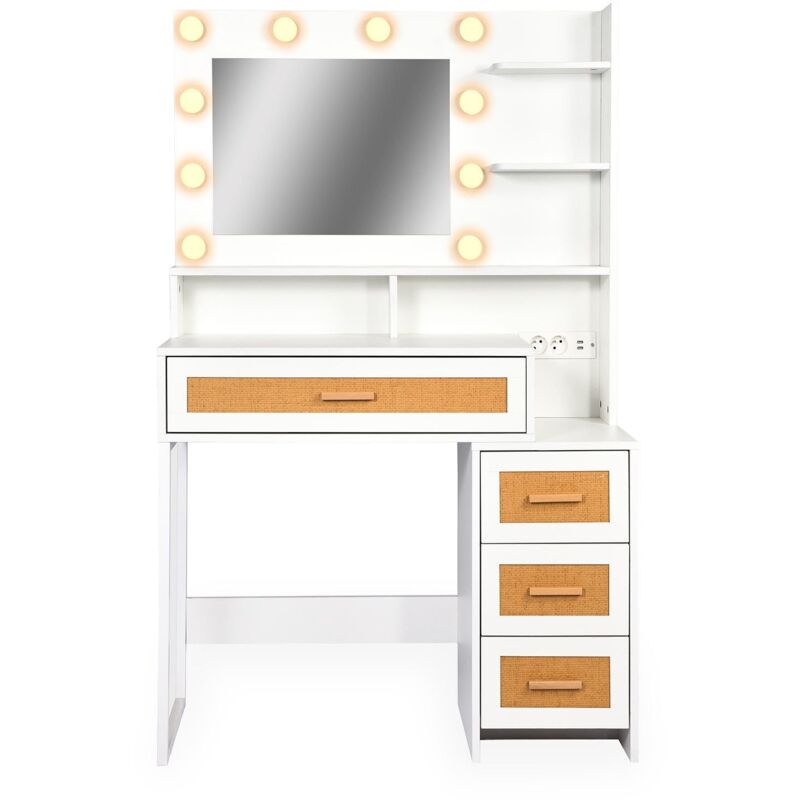 Menzzo - Coiffeuse 4 tiroirs et miroir led 3 couleurs Miraclas L92cm Bois Blanc et Rotin