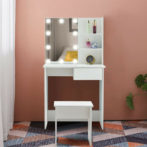 Coiffeuse, 75x40x137cm Table cosmétique Bureau de maquillage avec miroir et lumières LED ajustables