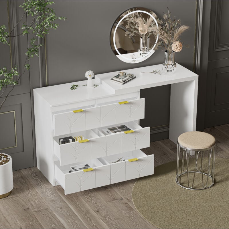 Coiffeuse avec table d'appoint, table de bureau avec 6 tiroirs, poignées dorées, motif floral, blanc, sans miroir ni tabouret