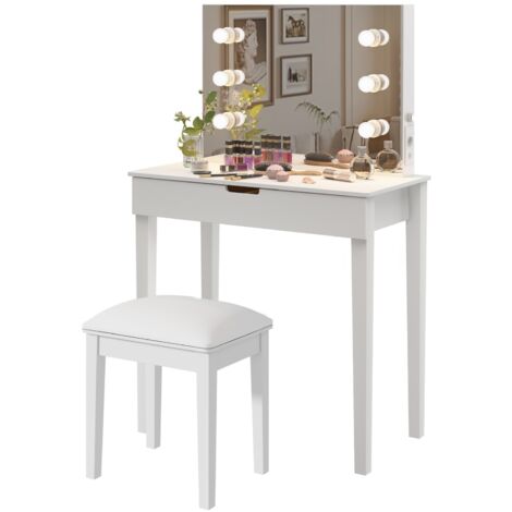 Coiffeuse 80x40x125 cm avec 6 lumières LED, port de charge USB et Type-C, miroir, tabouret de coiffeuse, convient pour chambre et dressing - Blanc