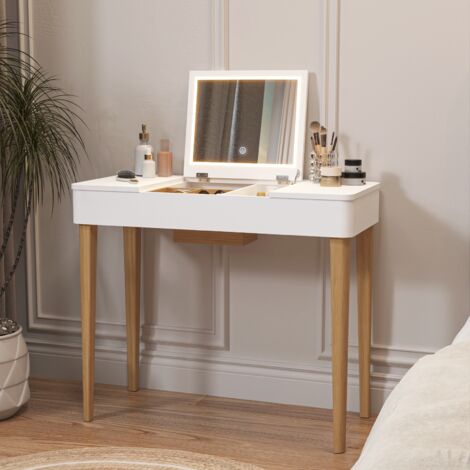 Coiffeuse 83x40x75 cm, avec éclairage LED, miroir, deux compartiments de porte, pieds en bois massif, convient pour les chambres et les dressings - Blanc