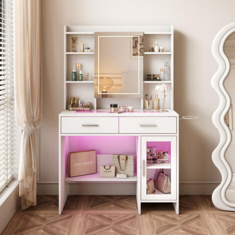 Coiffeuse, 87 x 40 x 145 cm, meuble de toilette multifonctionnel, miroir cosmétique, armoire à miroir, lumières LED télécommandées, ports USB, MDF + verre trempé, blanc