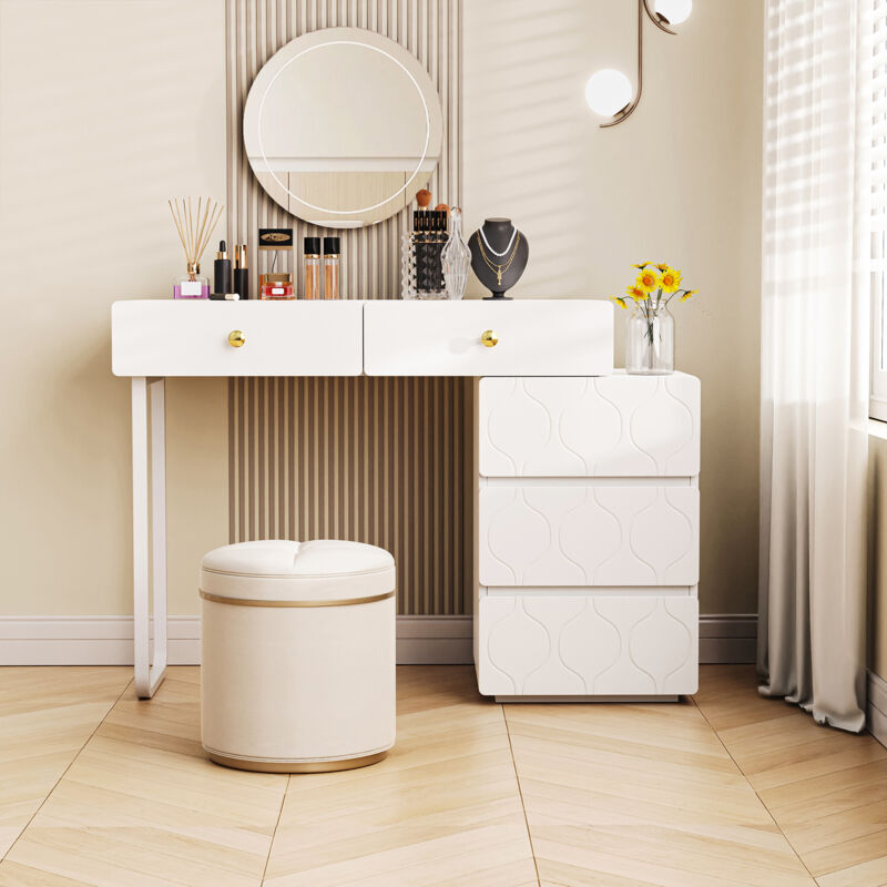 LBF - Coiffeuse avec 5 tiroirs - avec 1 meuble latéral mobile, texture ondulée, design moderne minimaliste, 90x 40 x 73,5 cm - blanc(Sans miroir ni