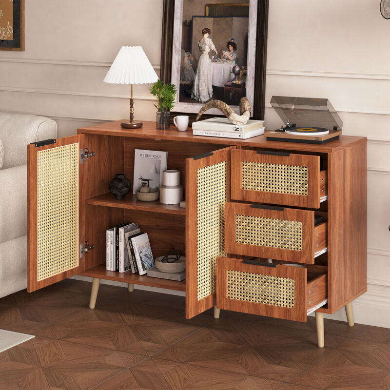 Hauss Spole - Buffet, armoire avec 2 portes et 3 tiroirs, 120x38x78cm, étagères réglables, rotin vintage, salle à manger/cuisine/salon, marron