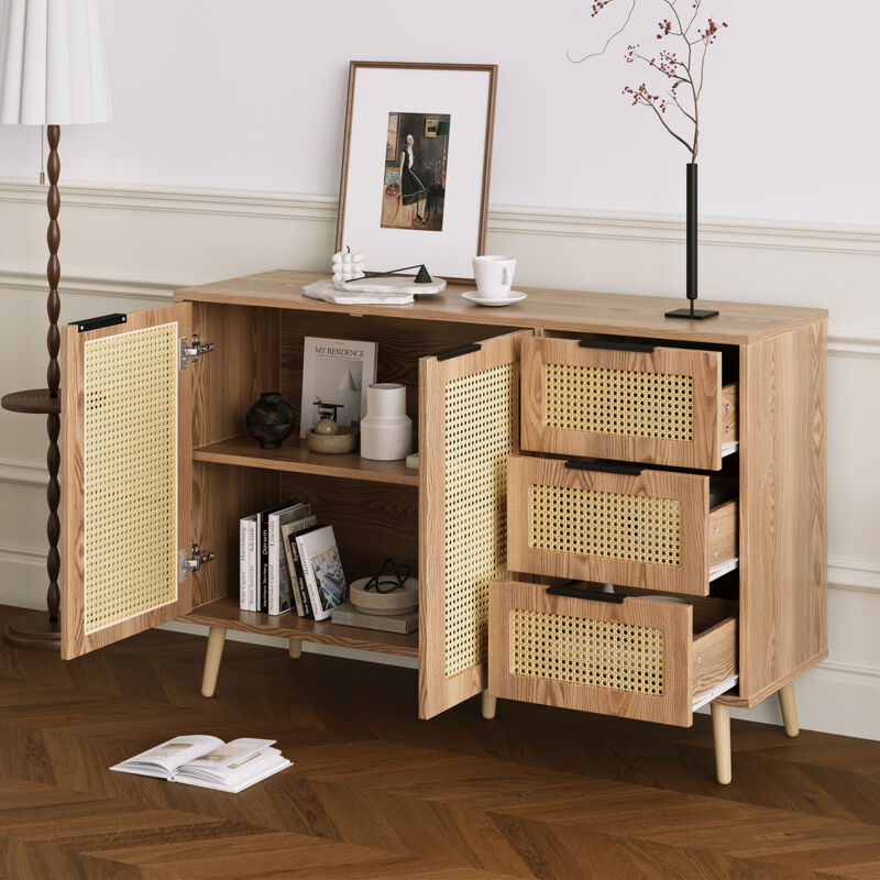 Hauss Spole - Buffet, armoire avec 2 portes et 3 tiroirs, 120x38x78cm, étagères réglables, rotin vintage, salle à manger/cuisine/salon, naturel