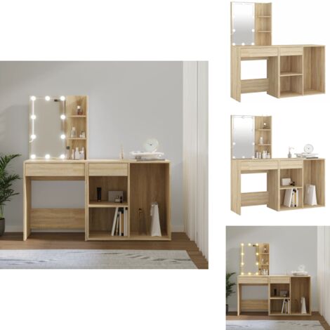 Coiffeuse à LED avec armoire Chêne sonoma Bois d'ingénierie - Coiffeuse Led - Coiffeuse Avec Miroir - Table De Maquillage - Meuble Salle De Bain - Rangement Maquillage