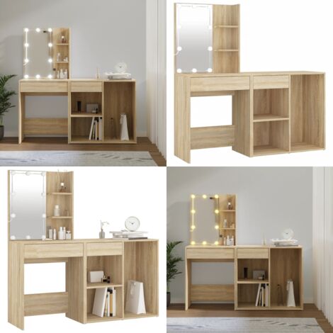 Coiffeuse à LED avec armoire Chêne sonoma Bois d'ingénierie - Coiffeuse Led - Coiffeuse Avec Miroir - Table De Maquillage - Meuble Salle De Bain - Rangement Maquillage - Home & Living