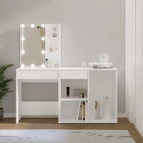 Coiffeuse à LED avec armoire  Table de maquillage pour studio，chambre  Compartiments de Rangement Blanc Bois d'ingénierie VSGS342488