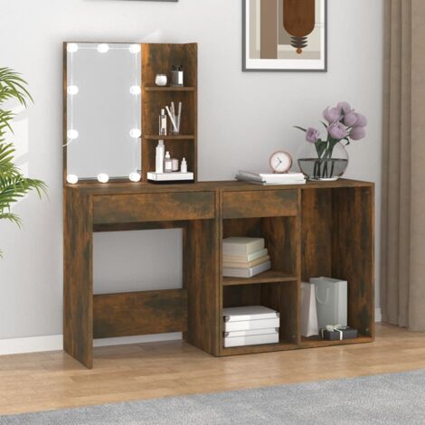 Coiffeuse à LED Table console - Meuble de chambre avec armoire Chêne fumé Bois d'ingénierie BV191642 - BonneVie