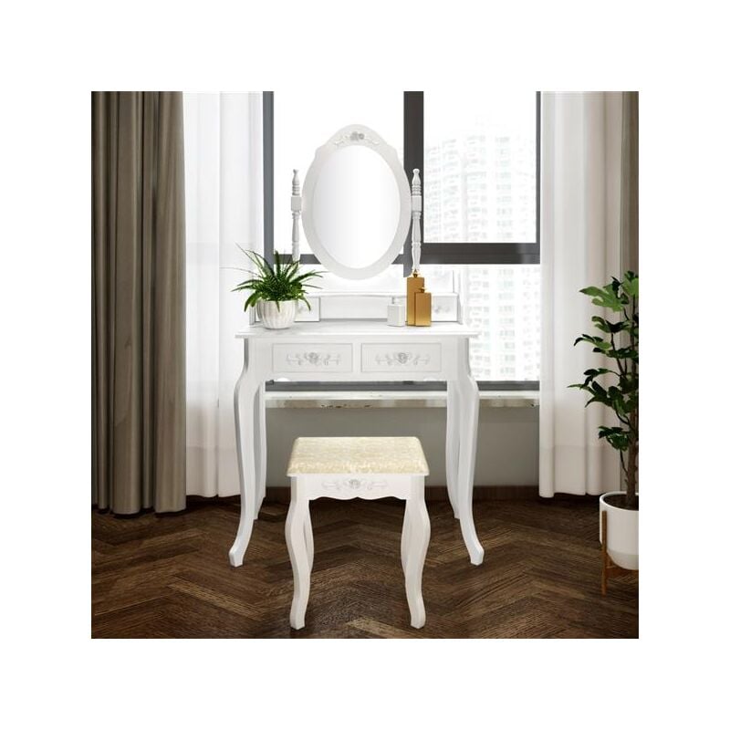 Coiffeuse à quatre tiroirs et miroir simple blanc