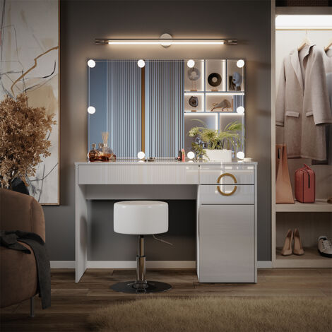 Coiffeuse Adela, Blanc, 115 cm avec éclairage LED et tabouret, Vicco