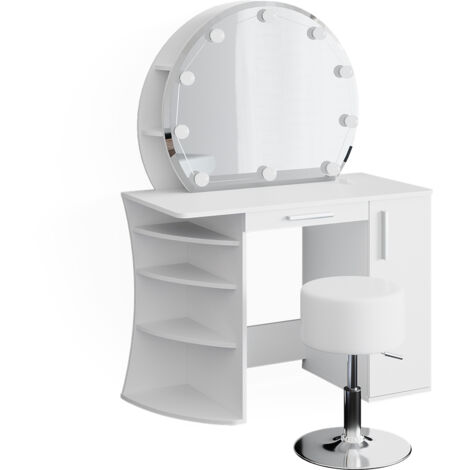 Coiffeuse blanche et grise 3 tiroirs Miroir LED + Tabouret manucure - Ciel  & terre