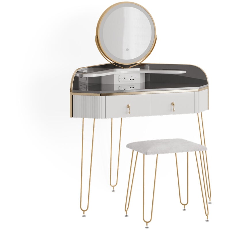 Coiffeuse Amira, Blanc Haute brillance, 99 cm avec miroir led, tabouret et usb Vicco