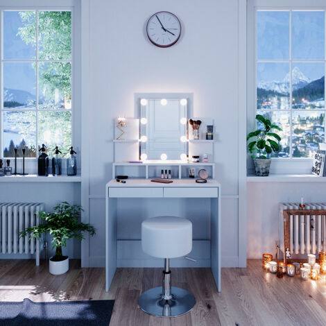 Coiffeuse Ania, Blanc, 80 cm avec éclairage LED et tabouret, Vicco