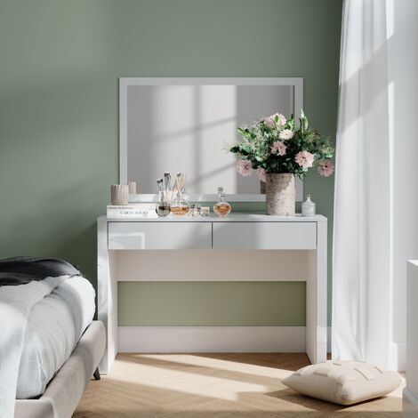 Vicco – Coiffeuse Annabelle 110 cm – Blanc brillant – 2 tiroirs – Panneau de particules 16 mm – Dimensions 110x75.5x50 cm