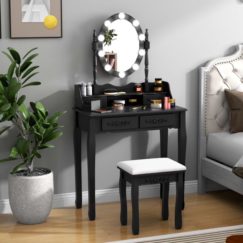 Design In - Coiffeuse avec 10 Ampoules et 4 Tiroirs Noir 75x40x145cm CW91891