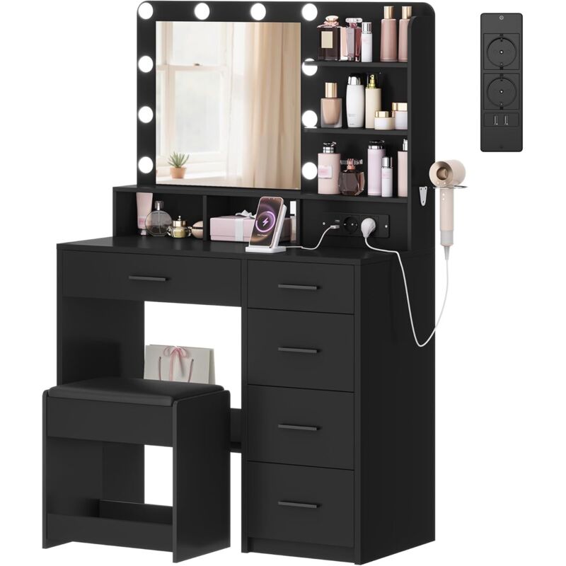 Coiffeuse avec 10 Globes Lumineux LED, 3 Couleurs, Coiffeuse avec Prise Et Grand Miroir, Tabouret Et Support pour Sèche-Cheveux, Tiroirs Multiples,