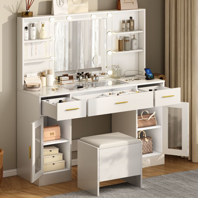 Janzdiys - Coiffeuse avec 10 Globes Lumineux led, 3 Couleurs, Grand Coiffeuse avec Prise Et Miroir, Coiffeuse avec Tabouret 3 Tiroir et 2 Armoire 4