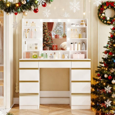 AUTRES Coiffeuse avec 10 Globes Lumineux LED, 3 Couleurs, Luminosité Réglable, Grand Miroir HD, 1 Grand Tiroir et 8 Petits Tiroirs, 9 Espaces de Rangement Ouverts, Blanc