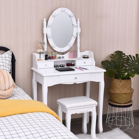 Coiffeuse avec 11 Ampoules LED Tabouret et Miroir à 360 ° 3 Tiroirs Peut Transformer Comme Bureau Blanc