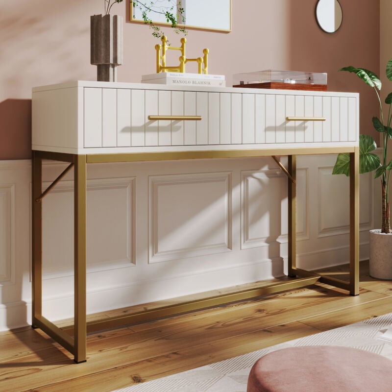Okwish - Coiffeuse blanche, commode carrée avec 2 tiroirs pour chambre et salon, 100x45x75 cm