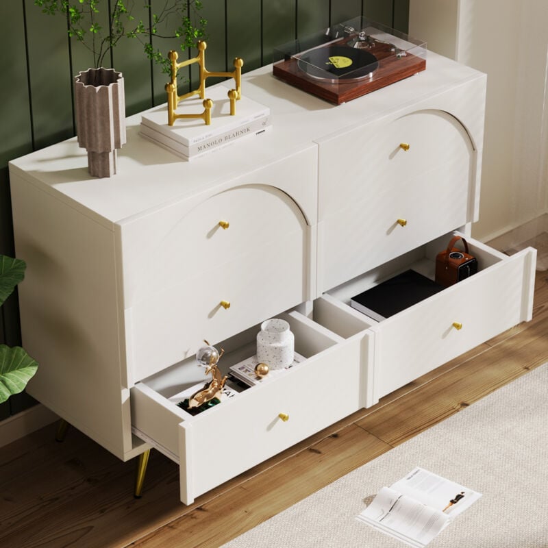 Commode chambre, buffet, pour salon, chambre à coucher, blanc crème, Pieds en métal, avec avec 6 tiroirs -H85/L120/P40 cm
