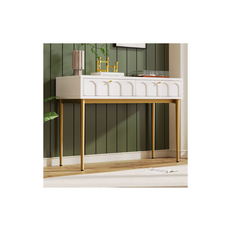 Coiffeuse avec 2 tiroirs, hauteur 76.5cm, commode, chambre à coucher Highboard blanc, buffet, commode à tiroirs, pour chambre à coucher, crème-blanc