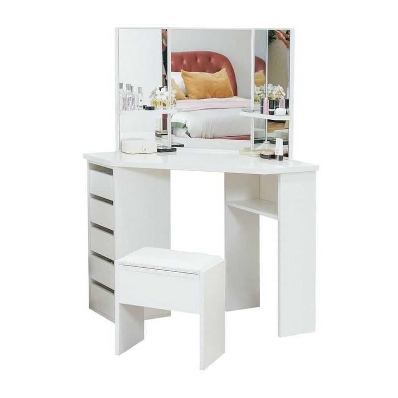 Coiffeuse avec 3 Miroir, 5 tiroirs et Tabouret, Table de Maquillage de Coin pour Chambre, Blanc