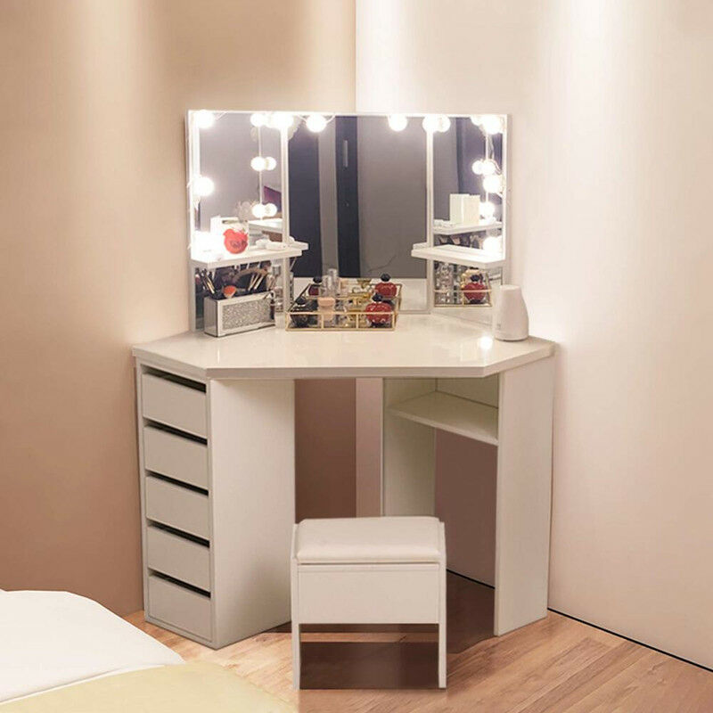Coiffeuse avec 3 Miroir, 5 tiroirs et Tabouret, Table de Maquillage de Coin pour Chambre, Blanc,avec lumière led