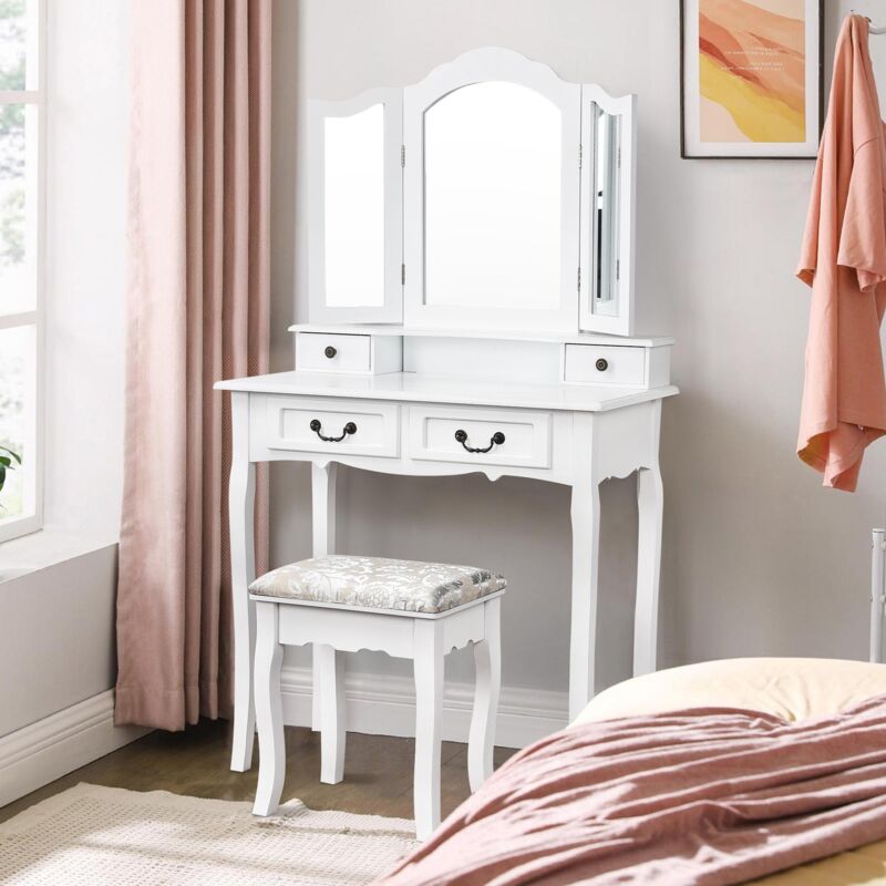 Dans Les Nuages - Coiffeuse avec 3 Miroir, Tabouret, 4 tiroirs, Commode en bois, Style Classique - Blanc