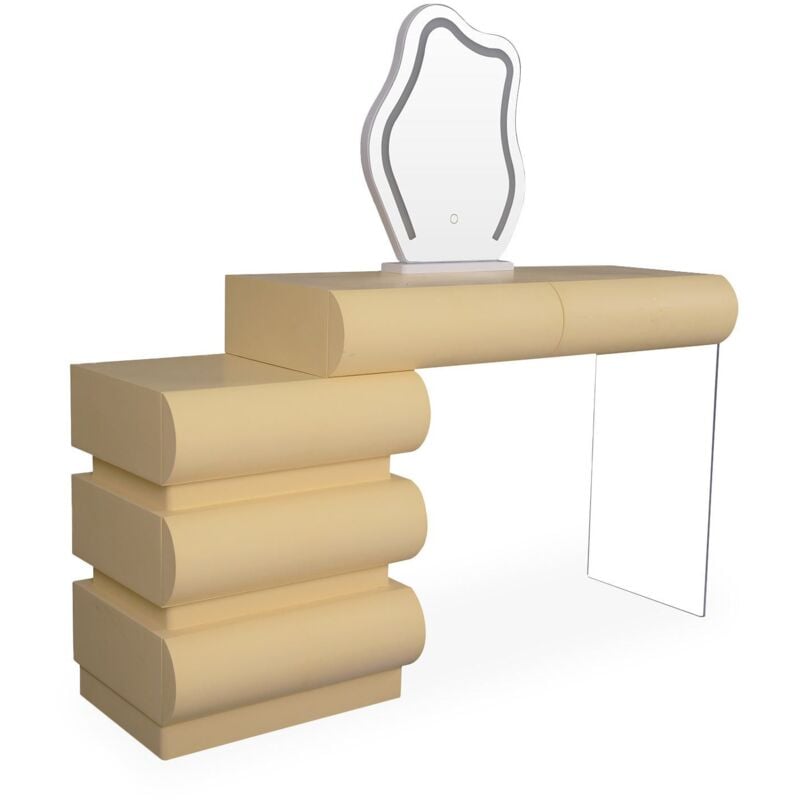 Cotecosy - Coiffeuse avec 5 tiroirs arrondis et miroir design L102cm Mezade Beige