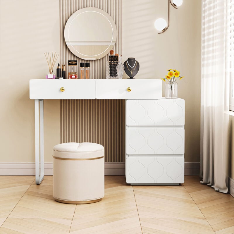 Coiffeuse avec 5 Tiroirs,Commode,Motif Vague,style Minimaliste,90 x 40 x 73,5cm-Blanc (Sans Miroir et Tabouret)