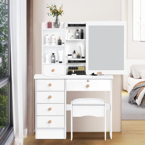 FLASIDU Coiffeuse avec chaise, miroir coulissant, table de maquillage avec 6 tiroirs et 5 étagères, blanc, 80×36×122cm.