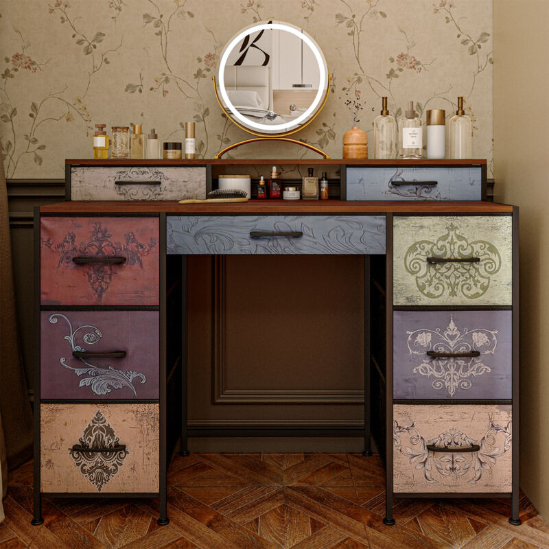 Coiffeuse avec Design Vintage – Meuble de Rangement Multifonction avec 9 Tiroirs, Grand Espace de Stockage et Protection Anti-basculement