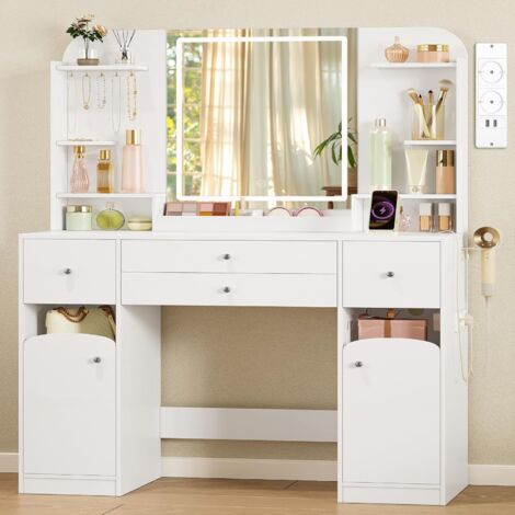 Coiffeuse avec Eclairage LED, avec Prise et Support pour Sèche-Cheveux, Grand Plateau 108 cm, Coiffeuse avec 2 Grands Tiroirs avec Rangement pour Bijoux, 2 Armoires