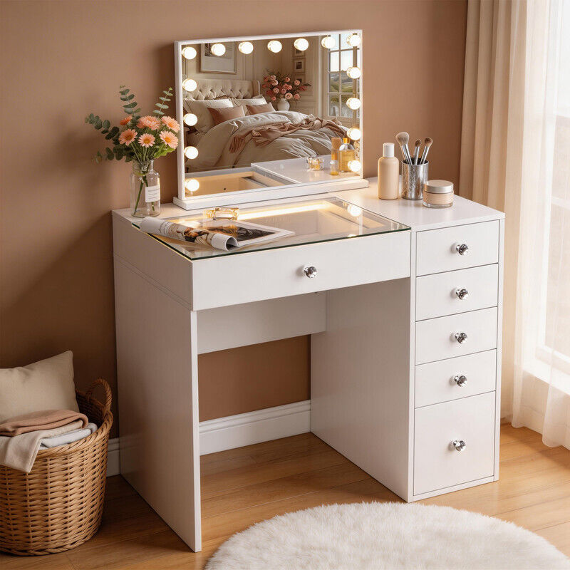 Coiffeuse avec éclairage LED, luminosité réglable, 6 tiroirs, 92 x 81 x 55 cm,miroir de courtoisie inclus, blanc