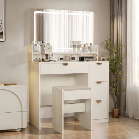 Coiffeuse avec éclairage LED Réglable et Prises, Coiffeuse avec USB,Tabouret,4 Tiroirs,3 Compartiments et Support, Dressing Table de Maquillage, Blanc