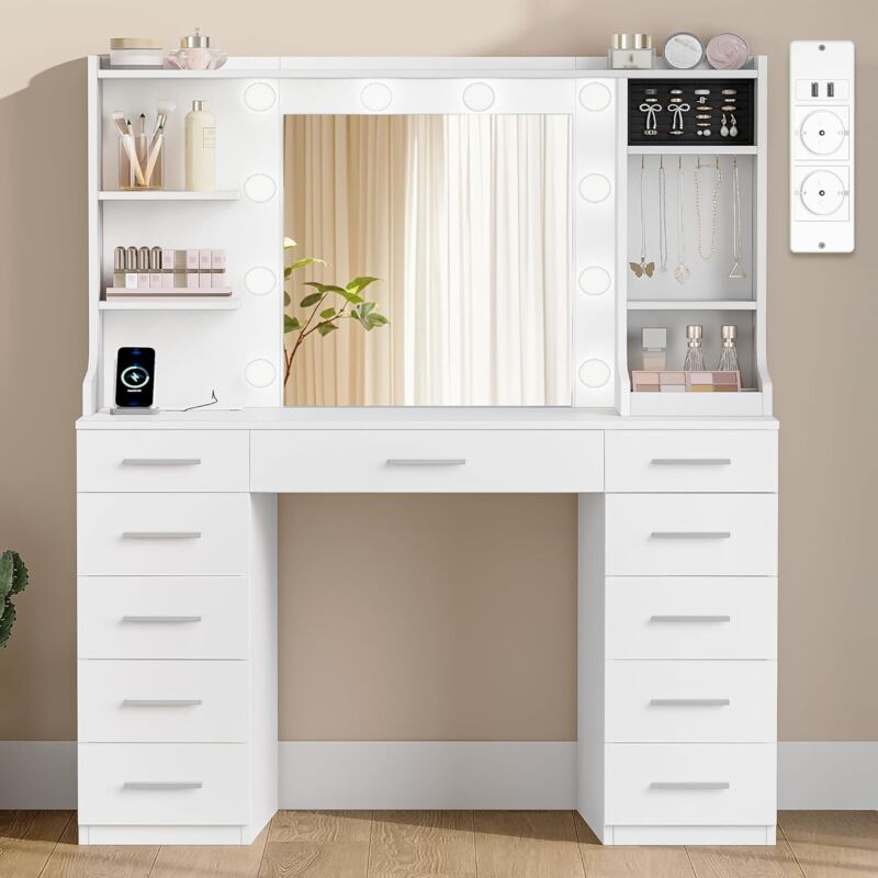 Coiffeuse avec éclairage LED réglable – Grand miroir HD – Station de charge intégrée – 11 tiroirs pour rangement optimal – Dimensions 40x108x145cm