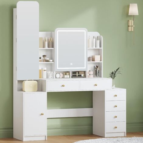 Coiffeuse avec éclairage, Miroir et Armoire à Bijoux, 6 Tiroirs