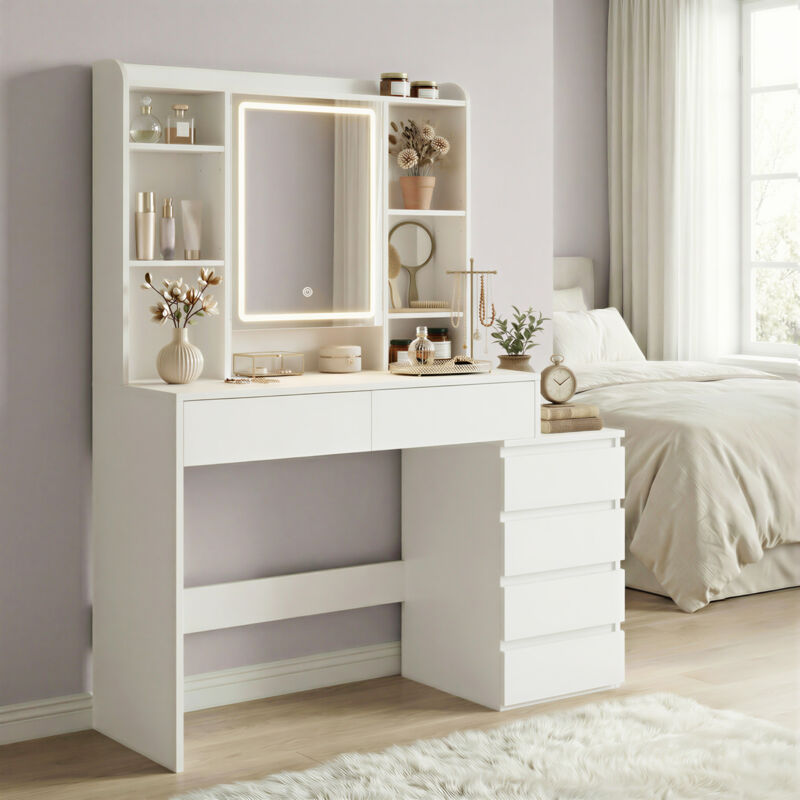 Coiffeuse, avec Grand Miroir LED à Luminosité Réglable, Multiprise, 40 x 105 x 145 cm, Blanc