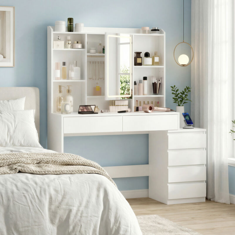 Coiffeuse, avec Grand Miroir LED à Luminosité Réglable, Multiprise, 40 x 124,7 x 145 cm, Blanc