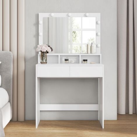 Coiffeuse Avec Grand Miroir Led, Table De Maquillage, 2 Tiroirs Et 3 Compartiments, Coin Beauté, Style Moderne, Blanc