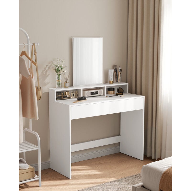 Coiffeuse avec Grand Miroir, avec 2 Tiroirs et 3 Compartiments, 100 x 40 x 140 cm, Style Moderne, Blanc