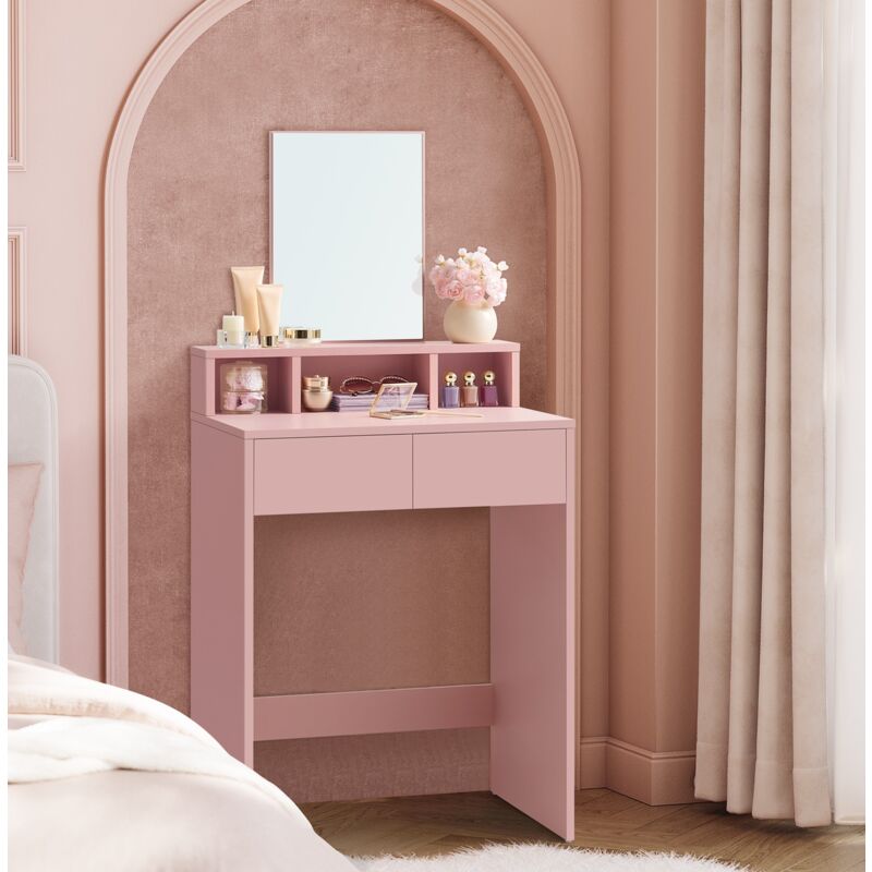 Coiffeuse avec Grand Miroir, Table de Maquillage, avec 2 Tiroirs et 3 Compartiments, Coin Beauté, Style Moderne, Rose Bonbon