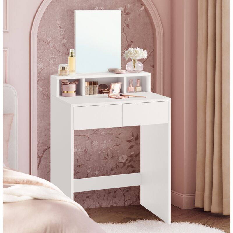 Vasagle - Coiffeuse avec Grand Miroir, Table de Maquillage, avec 2 Tiroirs et 3 Compartiments, Coin Beauté, Style Moderne, Blanc