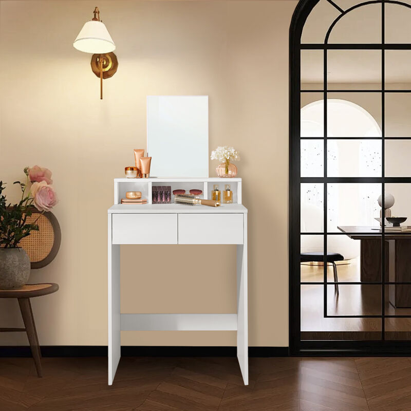 Coiffeuse avec Grand Miroir, Table de Maquillage, avec 2 Tiroirs et 3 Compartiments, Coin Beauté, Style Moderne, Blanc