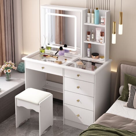 Coiffeuse avec grand plateau en verre, éclairage 3 couleurs,miroir, tabouret, 5 tiroirs et 4 étagères, blanc, 50 x 100 x 136 cm, MDF