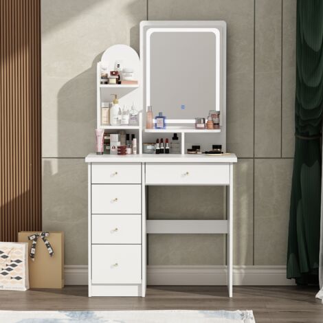 Coiffeuse avec LED et tabouret, 5 tiroirs, 3 compartiments ouverts, blanc 140 cm