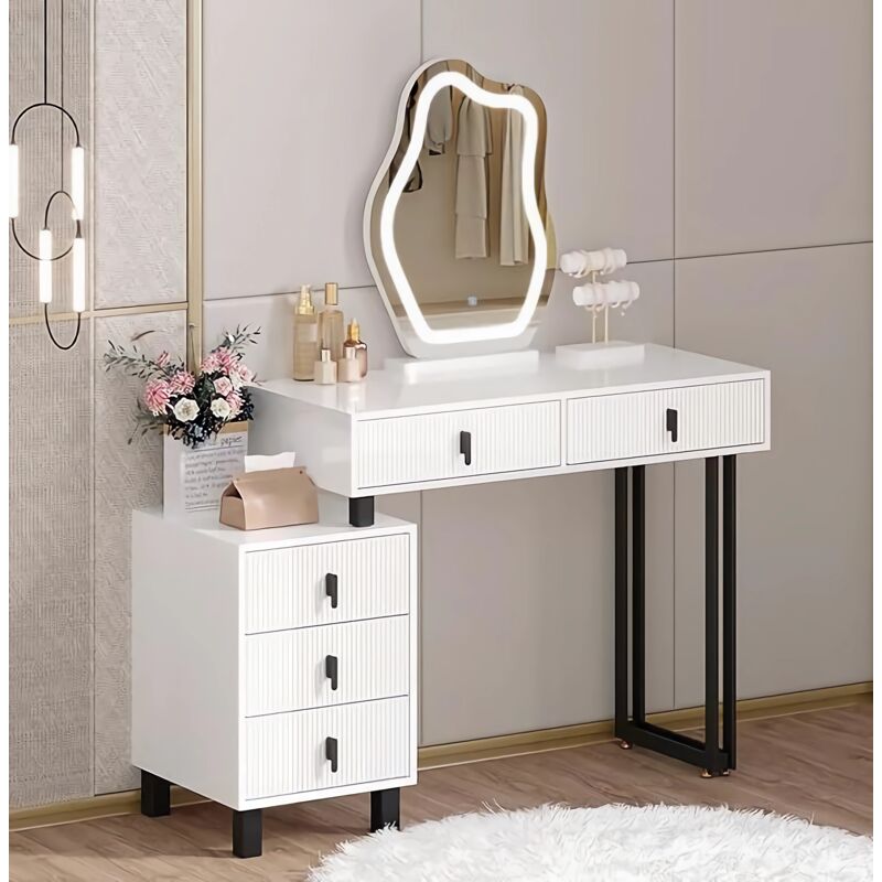Woltu - Coiffeuse Miroir led - Éclairage Réglable - Table de Maquillage avec Plateau Brillant - Tiroirs en Bois Massif - 1 Commode Flexible